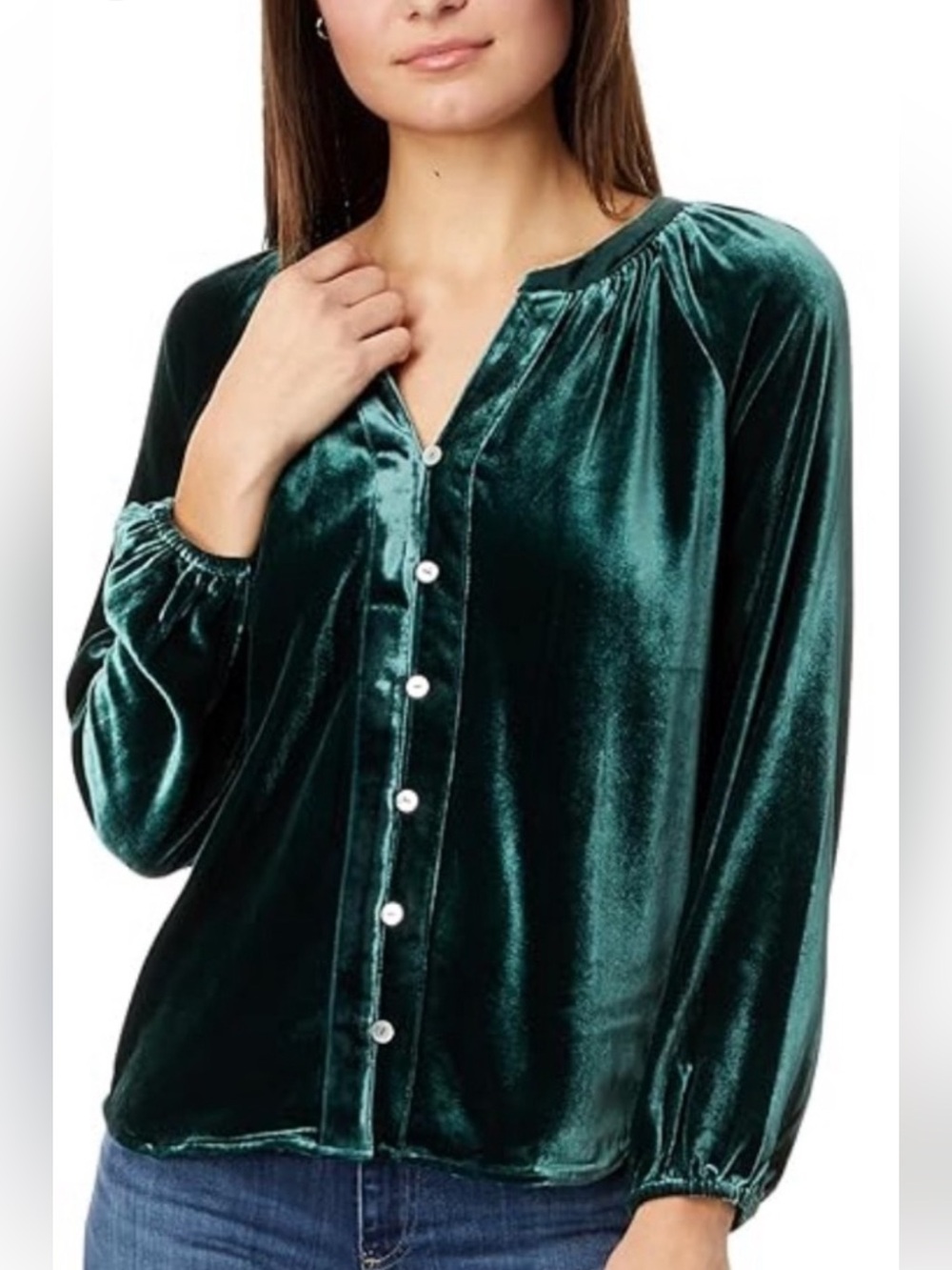 Faherty Naomi Silk Blend Emerald Velvet Blouse Medium